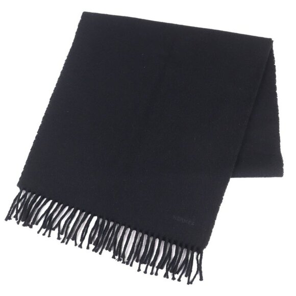 Hermes Cashmere Logo Embroidery Fringe Scarf Shawl Simple